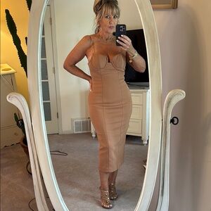 Elegant Tan faux suede Midi Dress
